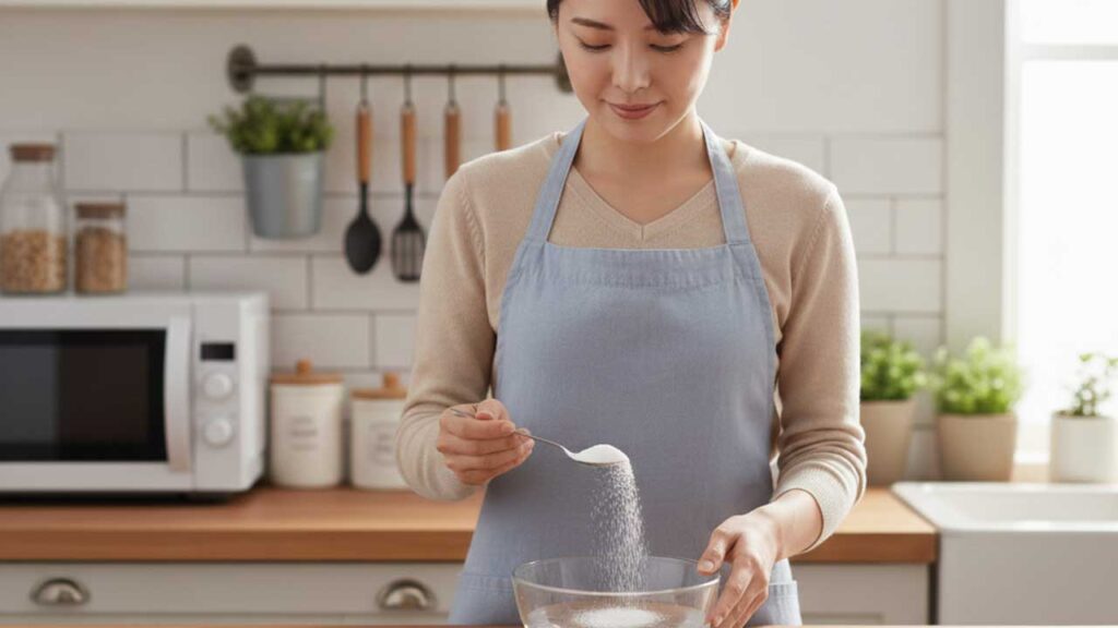 ガラスボウルに重曹を入れる