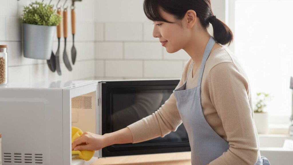 電子レンジをやわらかいスポンジで拭く