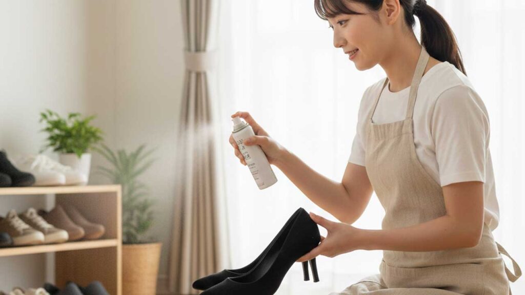 パンプスに消臭スプレーをかける