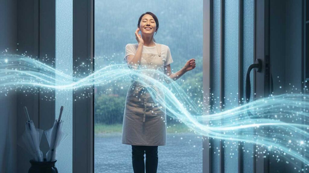 玄関の湿気がなくなり喜ぶ女性