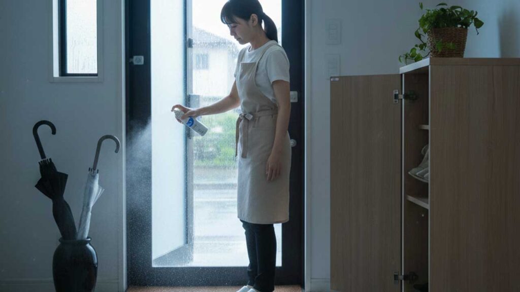 玄関に消臭スプレーをかける