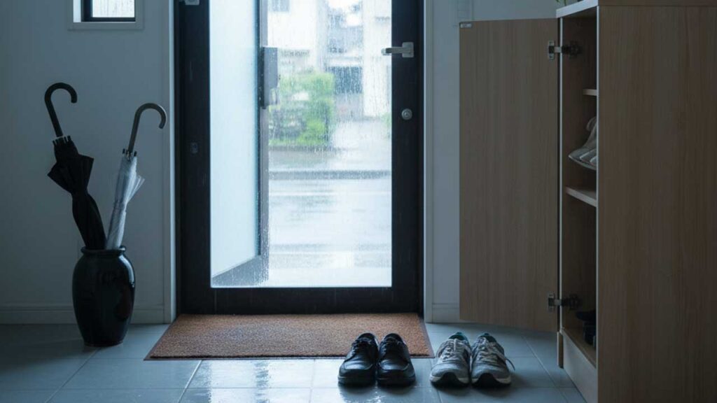 玄関に濡れた傘や濡れた靴を置く