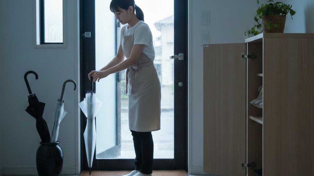 玄関の濡れた傘を片付ける