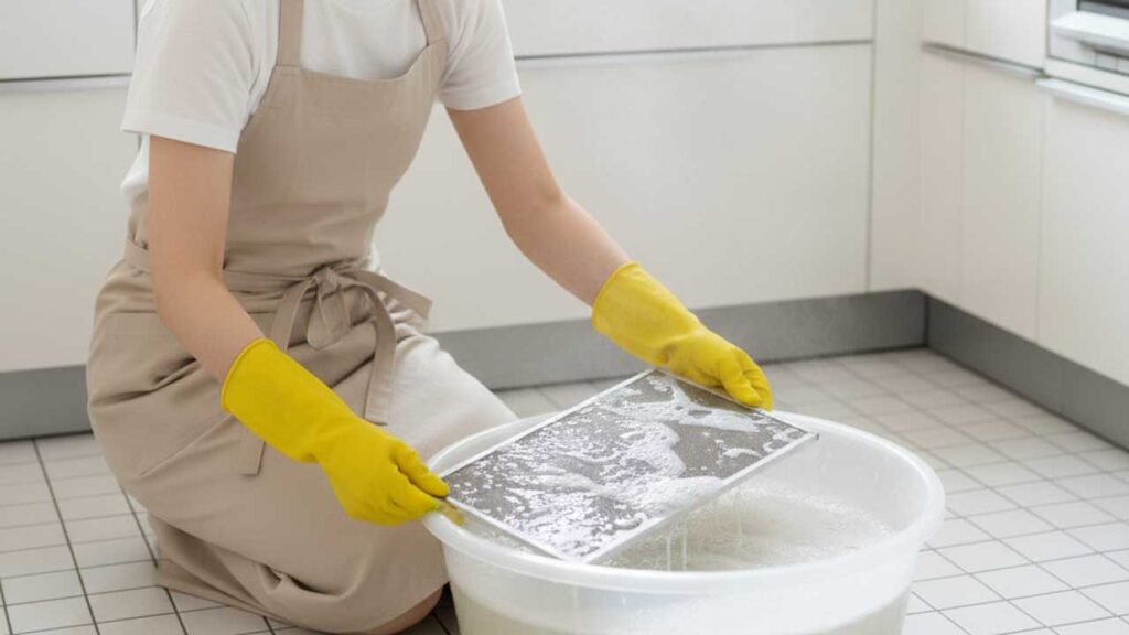 換気扇フィルターを中性洗剤を溶かしたお湯に浸ける