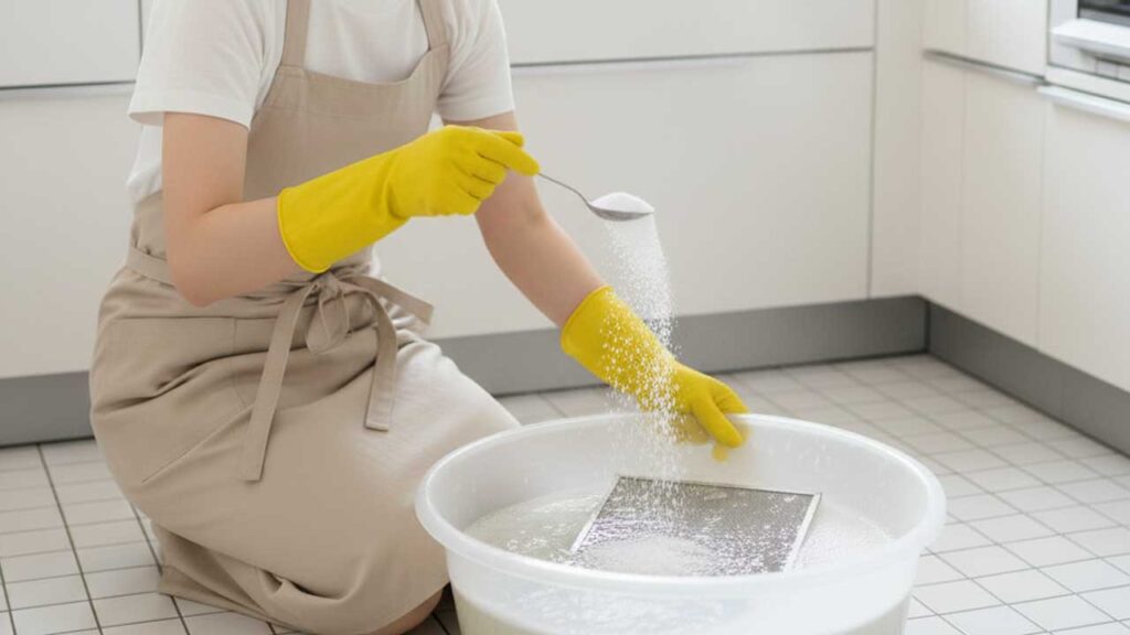 お湯に重曹を溶かし換気扇フィルターを浸ける