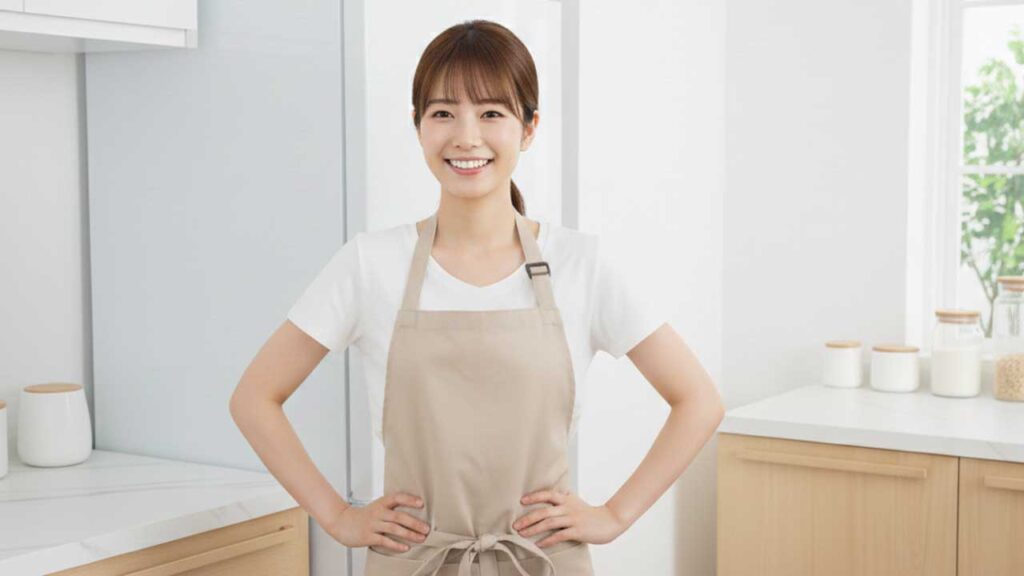 冷蔵庫の前に立つ女性