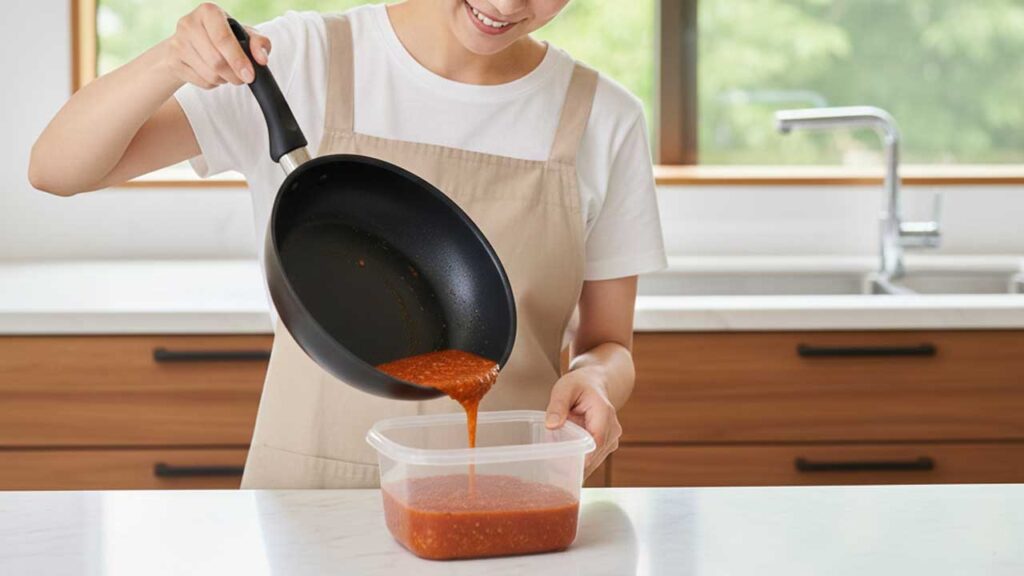タッパーにミートソースをそそぐ