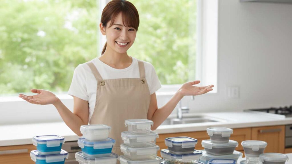 タッパーを並べる女性