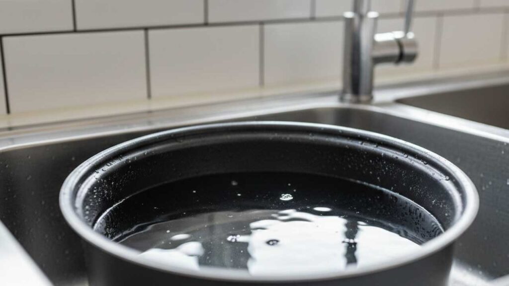 内釜を重曹水に浸す