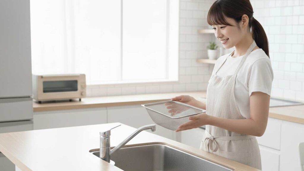 キッチンの三角コーナーを持つ女性