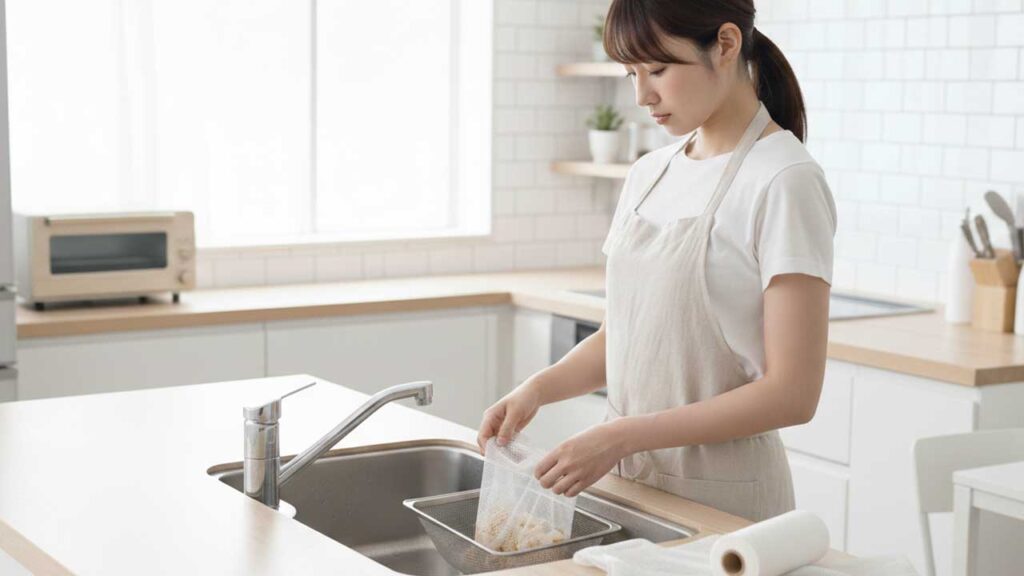 キッチンの三角コーナーに溜まった水切りネットを交換する