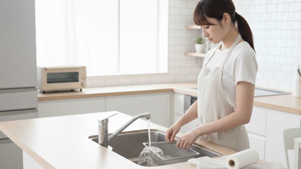 キッチンの三角コーナーに水を流す