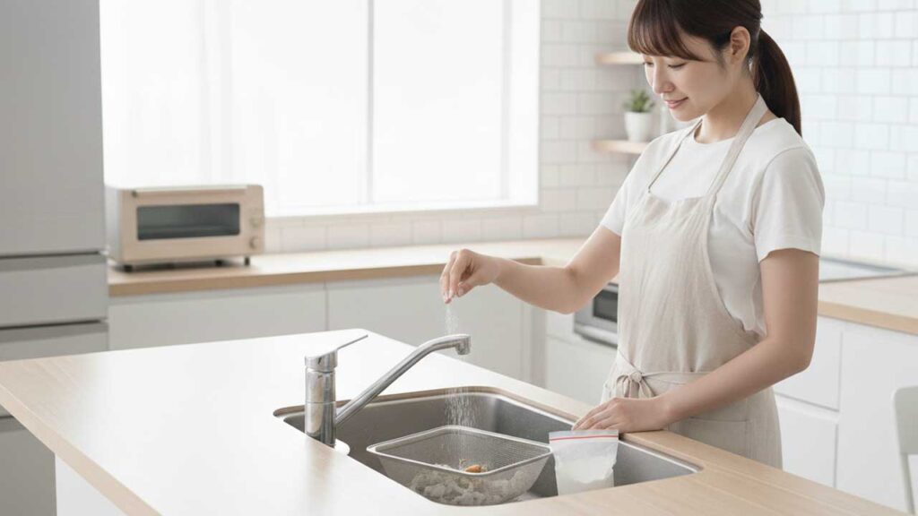 キッチンの三角コーナーに重曹をかける