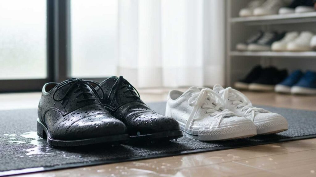 革靴とスニーカーが濡れる