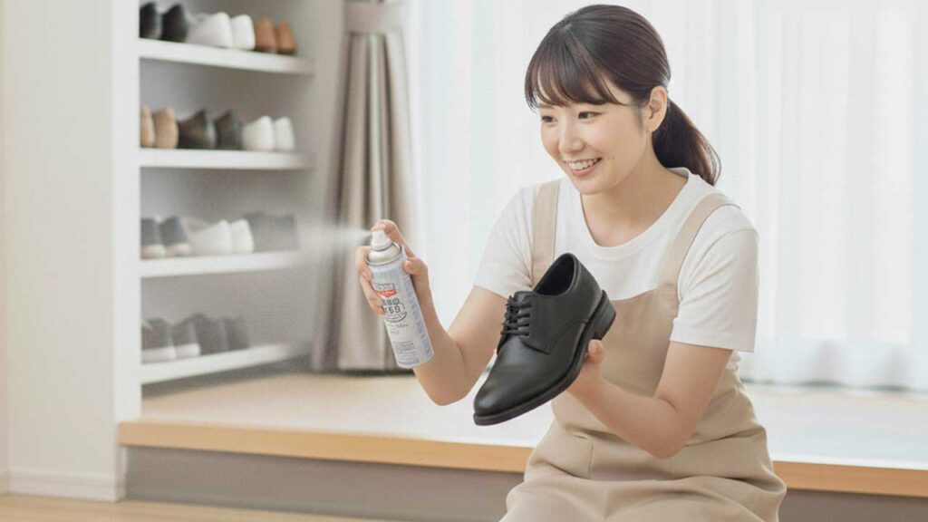 革靴に消臭スプレーをかける