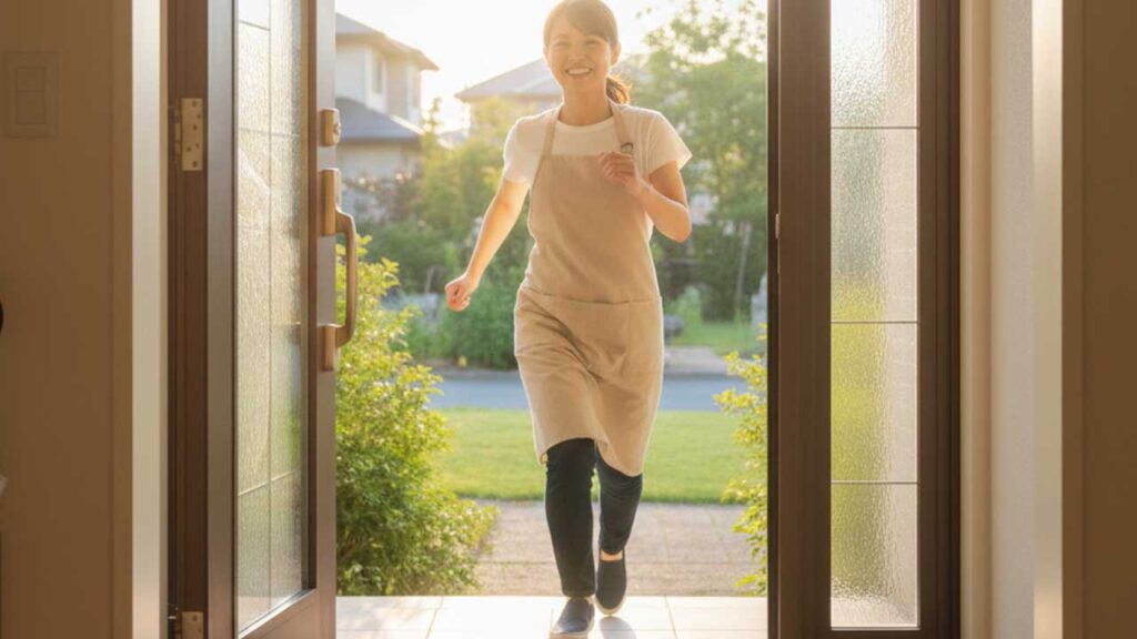 玄関に駆け込む女性