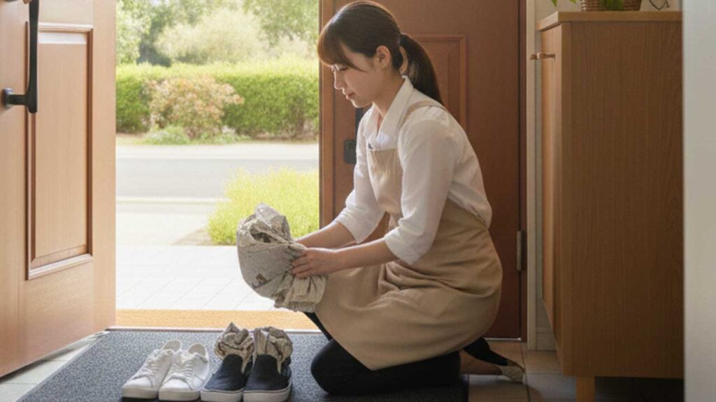 靴の中に新聞紙を入れる