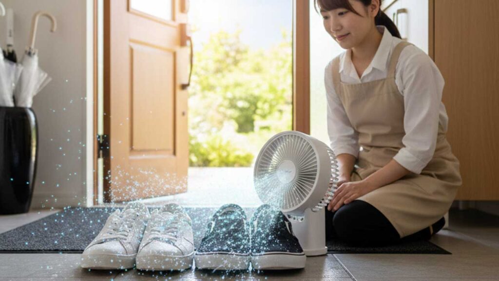 靴の中をサーキュレーターで乾かす