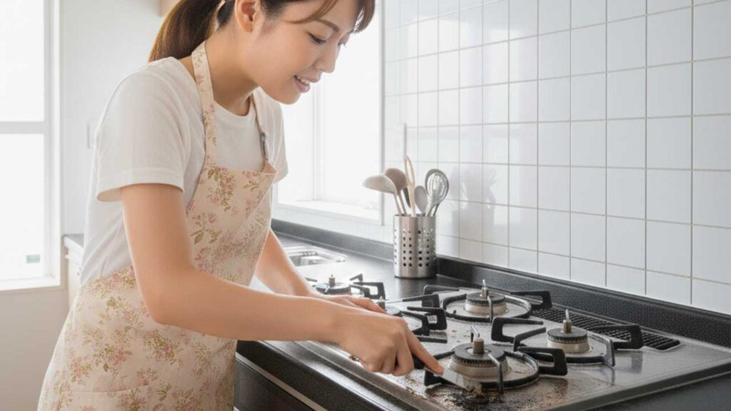 キッチンのコンロの周りを金属製のヘラではがす