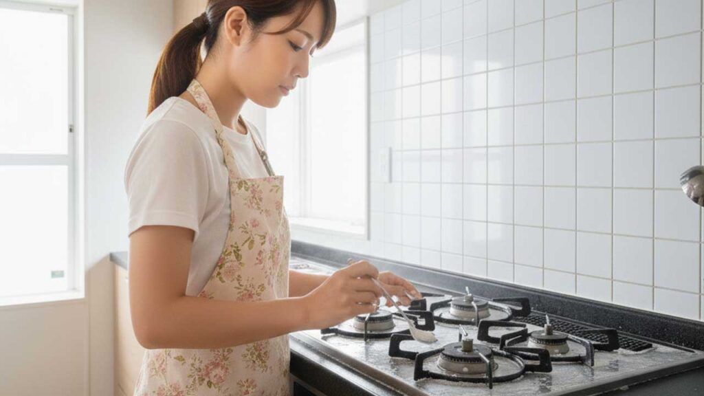 キッチンのコンロの周りに重曹ペーストを塗る