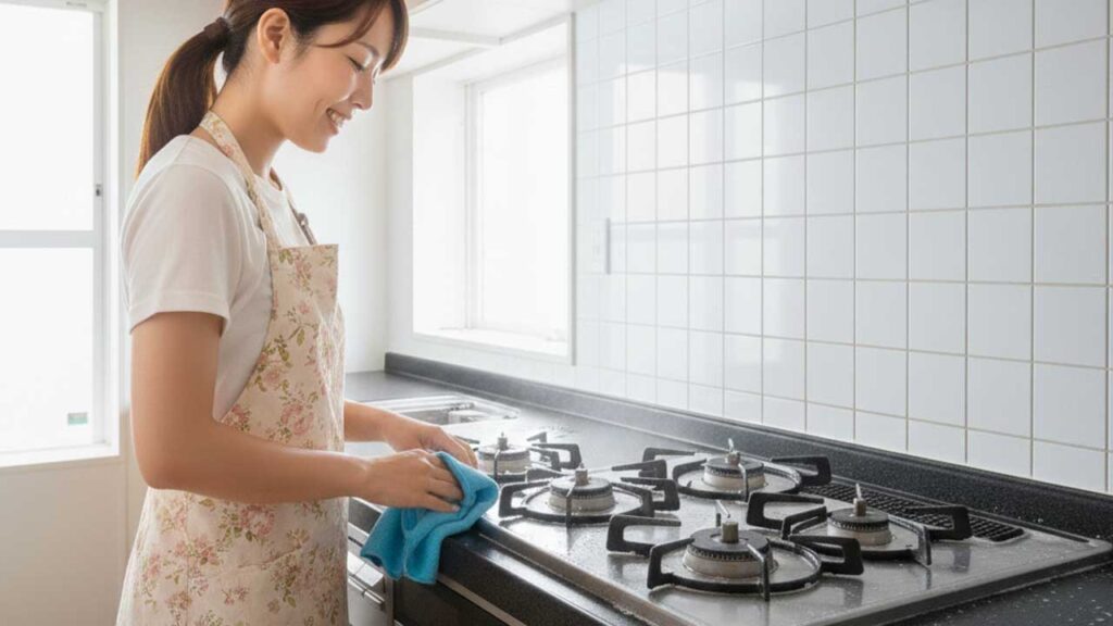 キッチンのコンロの周りをマイクロファイバークロスで拭く