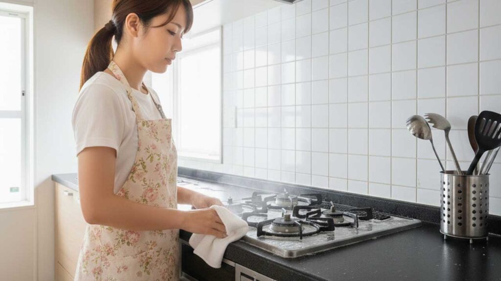 キッチンのコンロの周りの汚れをお湯で落とす