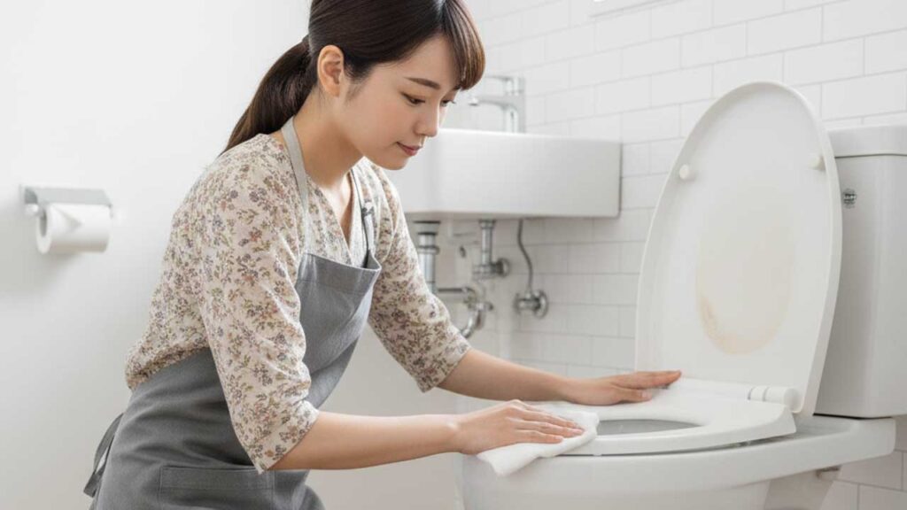 トイレの便座を拭く女性