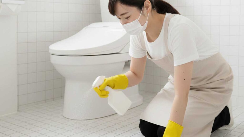 トイレをアルコールスプレーで拭き上げる