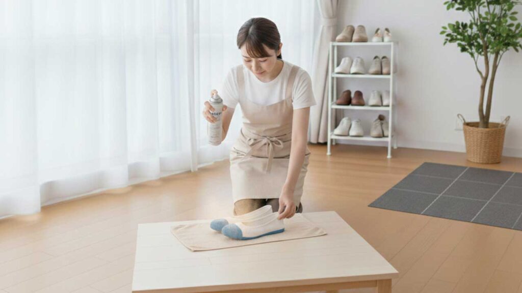 上履きに消臭スプレーをかける