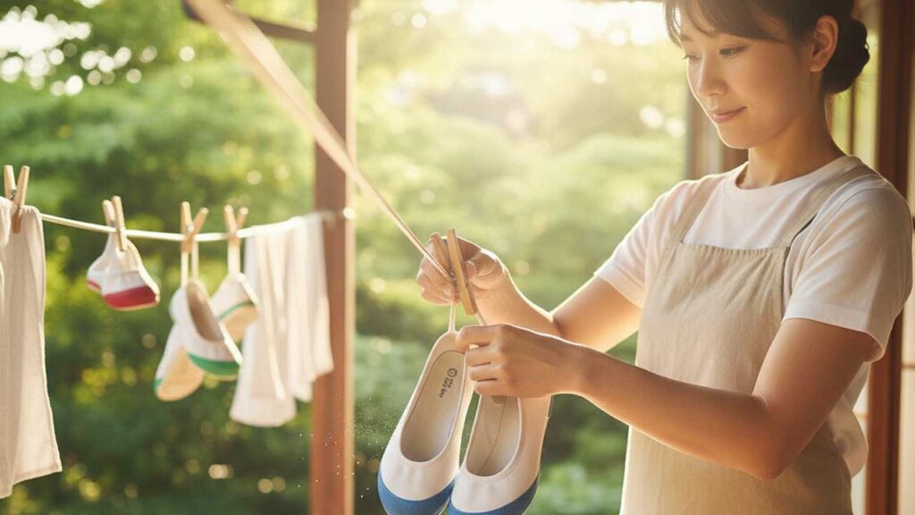 上履きを乾かす女性
