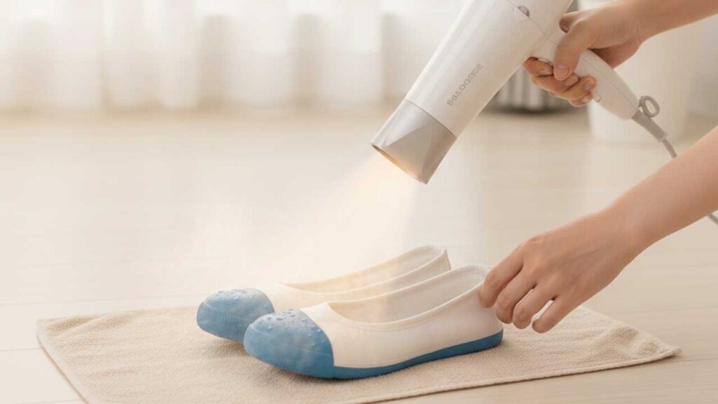 上履きをドライヤーで乾かす