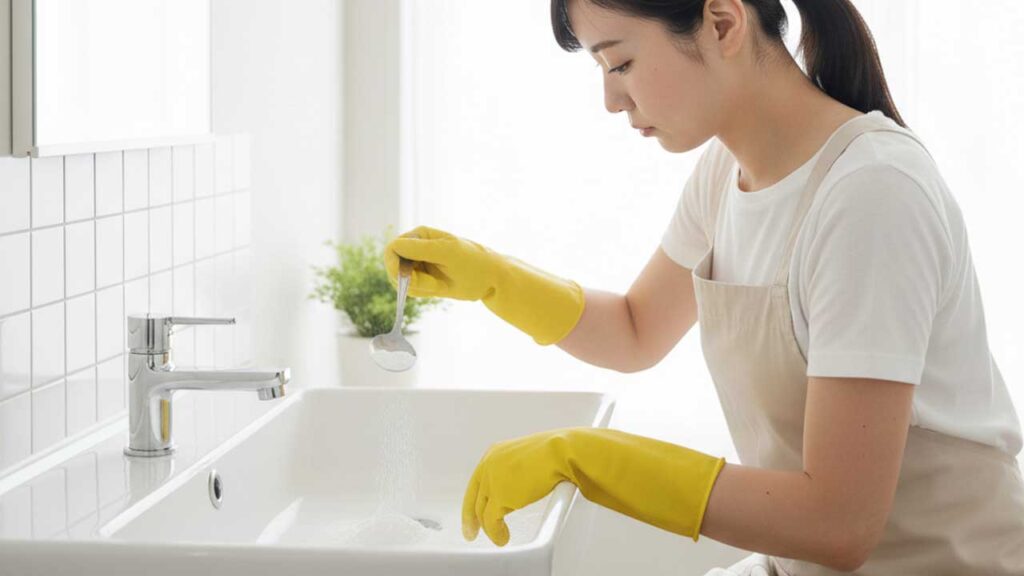 洗面所の排水口に重曹とクエン酸水をかける