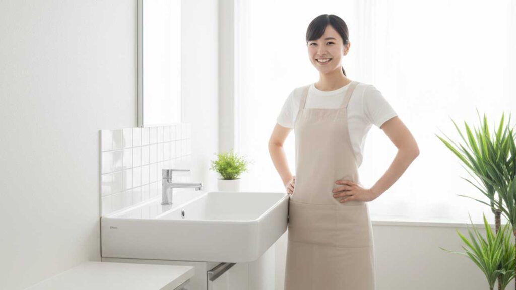 洗面所で笑顔で立つ女性