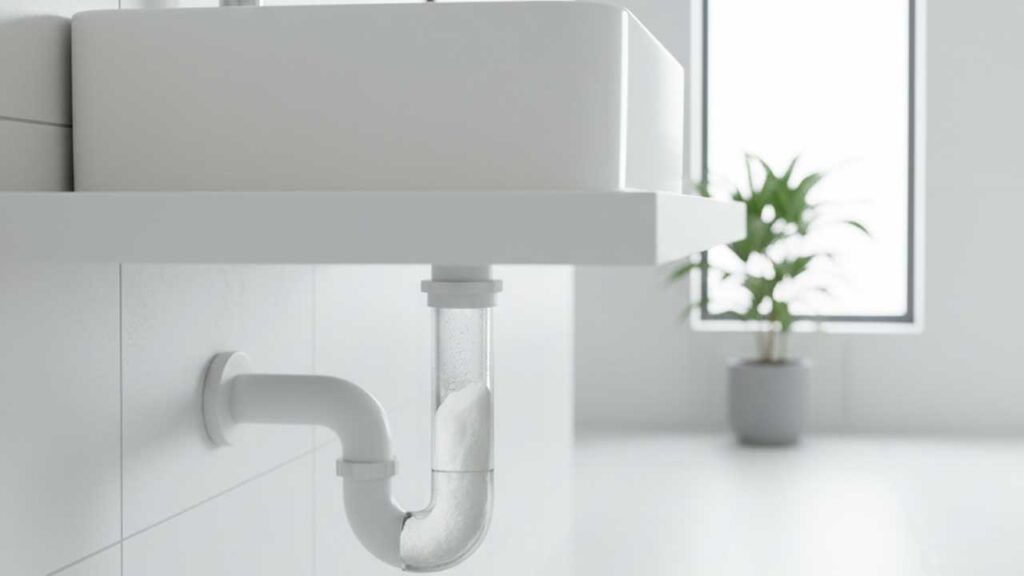 洗面所の排水管に詰まった石鹸カス