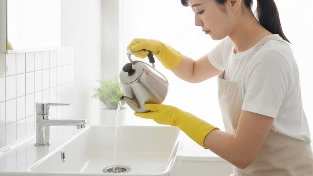 洗面所の排水口にお湯を流す