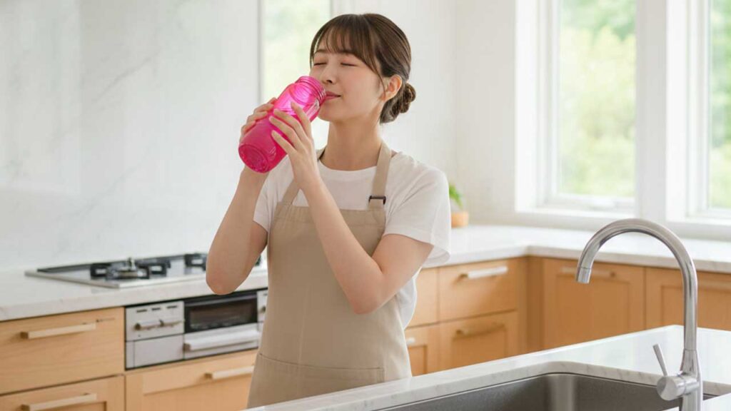 水筒の飲み物を飲む女性