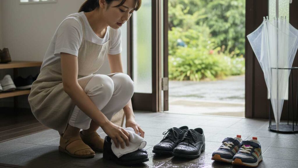 雨に濡れた靴を拭く