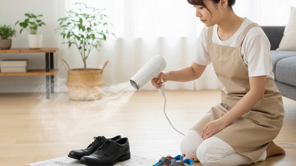 雨に濡れた靴に熱風のドライヤーをあてる