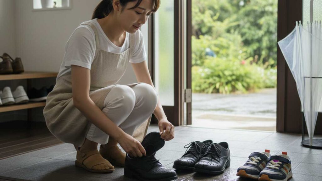雨に濡れた靴のインソールを外す