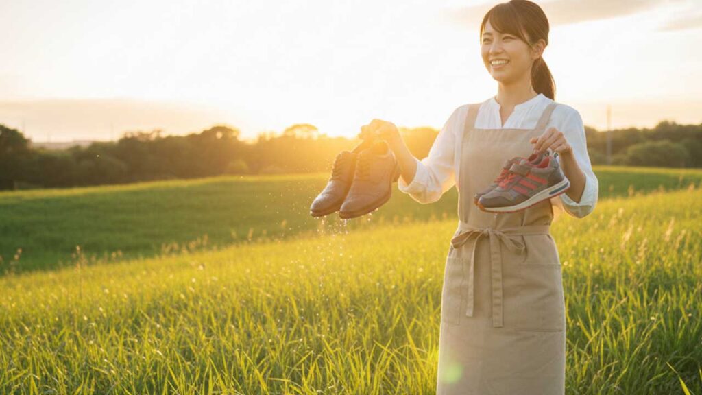 雨に濡れた靴を持つ女性