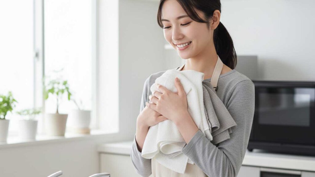清潔な布巾を抱きかかえる女性