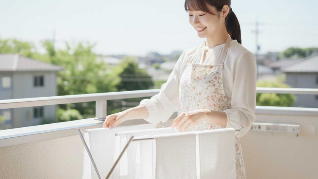 雑巾をベランダで干す