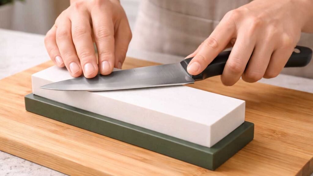 包丁を砥石で研ぐ