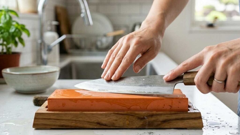 包丁を砥石で研ぐ