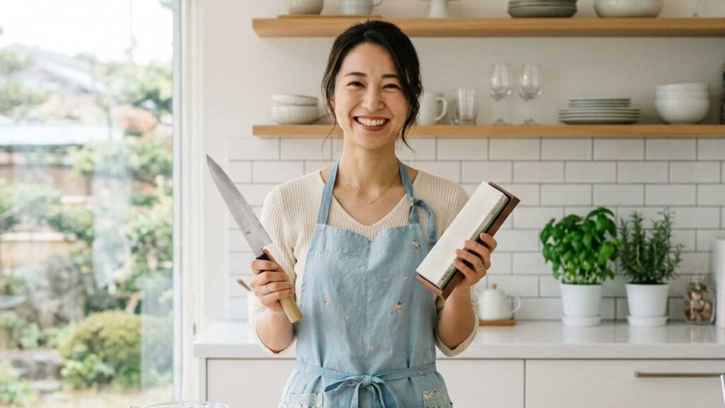 包丁と砥石を持つ女性