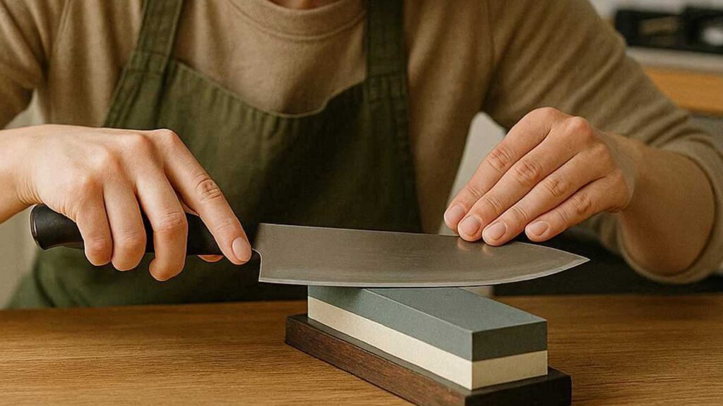 包丁を砥石で研ぐ