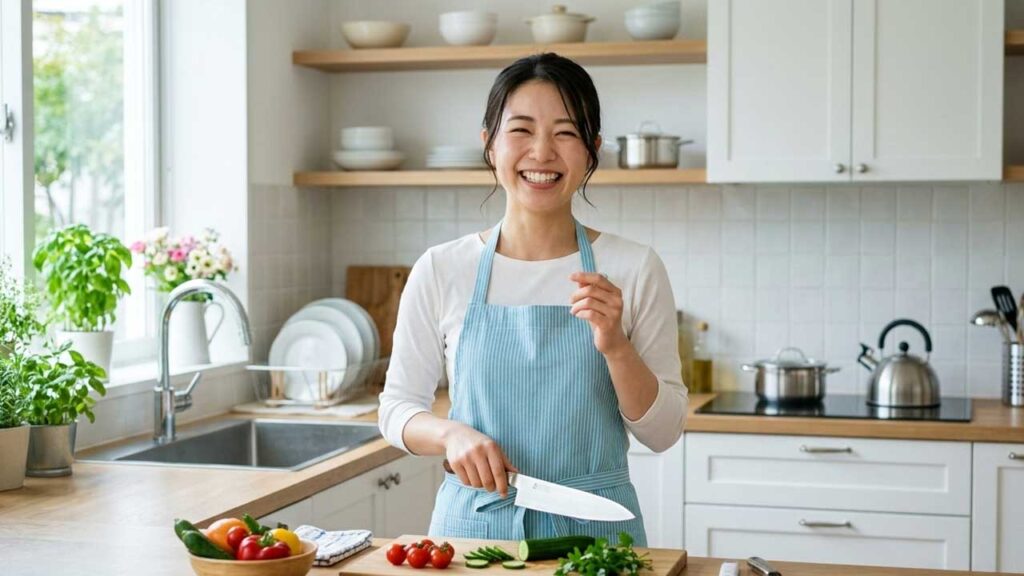包丁を持ち笑顔の女性