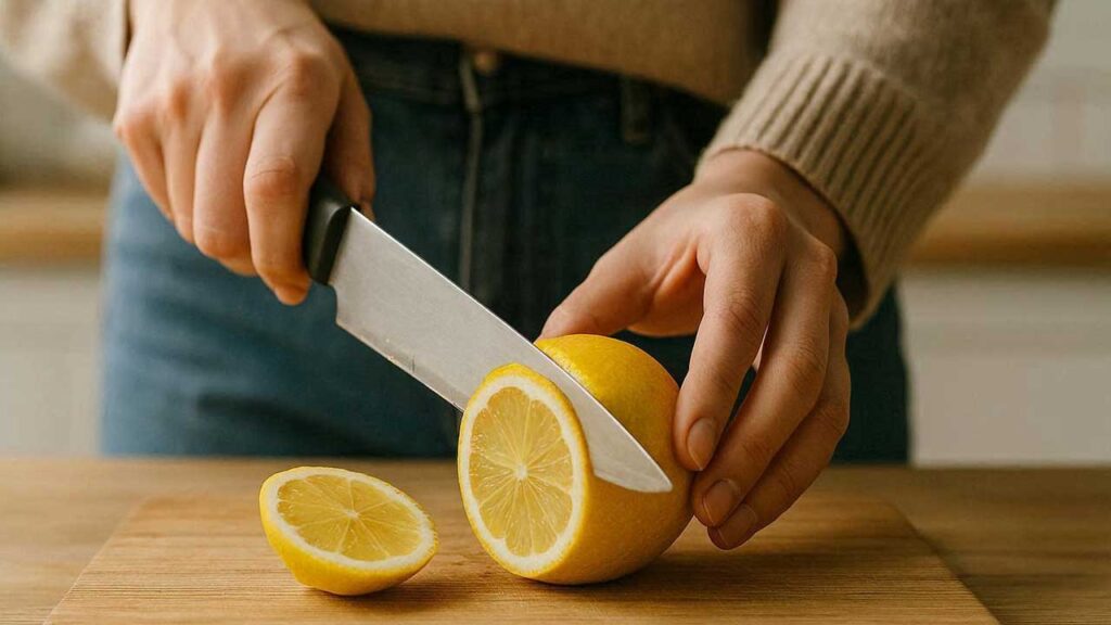 包丁でレモンを切る