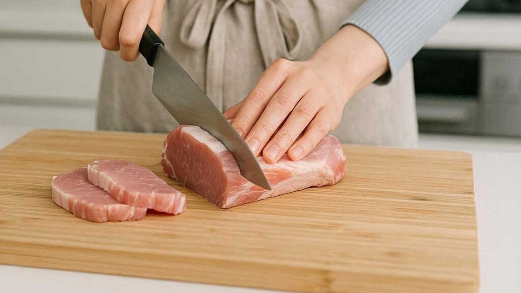 包丁で豚肉を切る