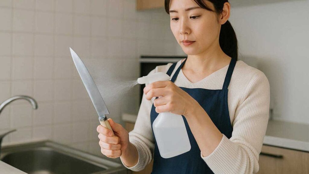 包丁にアルコールスプレーをする